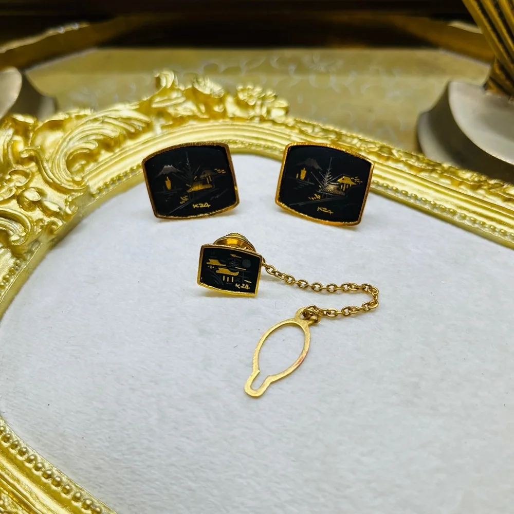 Men's Unbranded Cufflinks & Tie Tack Set Black‎ Gold